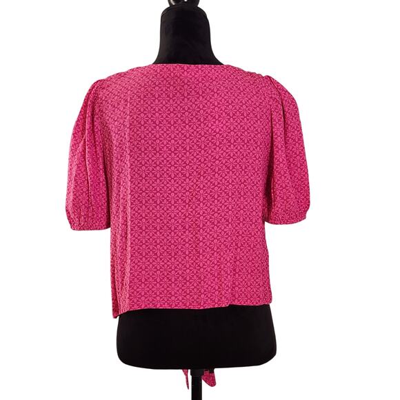 ANN TAYLOR Stamped Puff Sleeve Tie Front Blouse, Size Small Petite - Picture 3 of 13